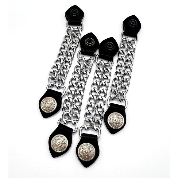 Biker Vest Extenders Set of 4 Western Floral Concho Double Chain Black Silver - Picture 2 of 5